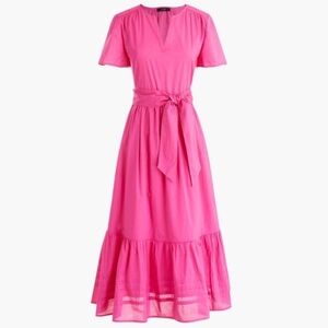 J. Crew hot pink v neck, tie waist, short sleeve, tiered, a line midi dress 8